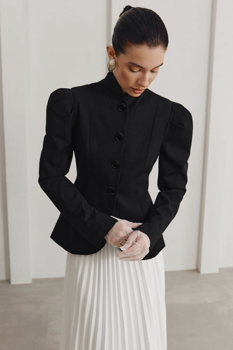 French Elegant Stand Collar Puff Sleeve Blazer