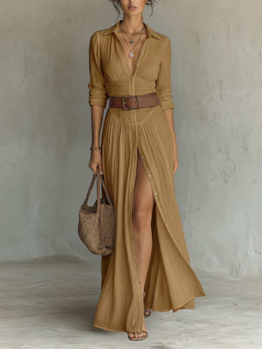 Maxi dress - long women's dress with a lapel collar and long linen sleeves