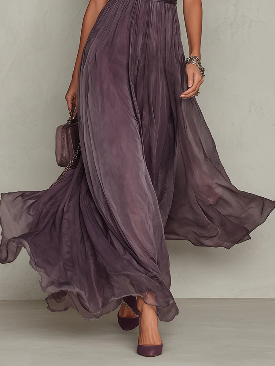 Flavia • Long violet dress with teardrop neckline and chiffon lace trim