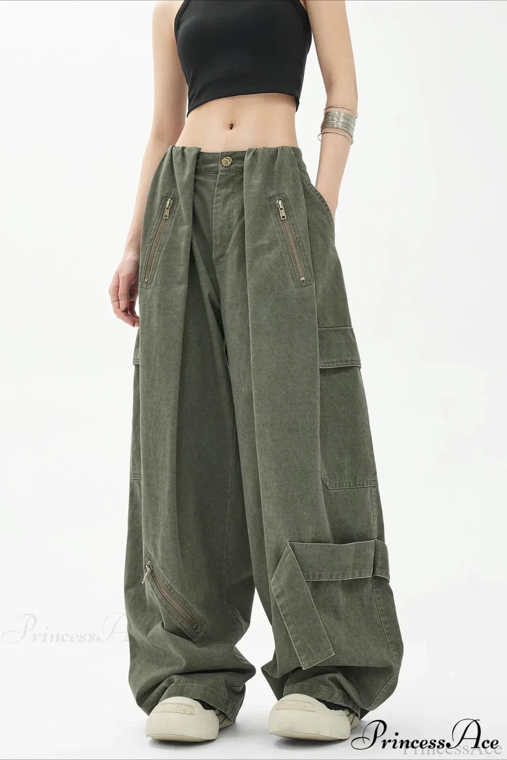 Army Green Parachute High Waist Loose Cargo Pants