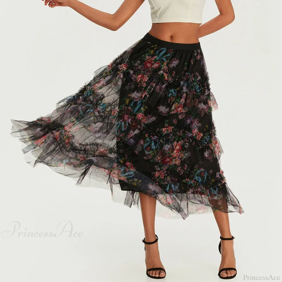 Early Fall Floral Print Ruffle Mesh Skirt Women A-line Midi