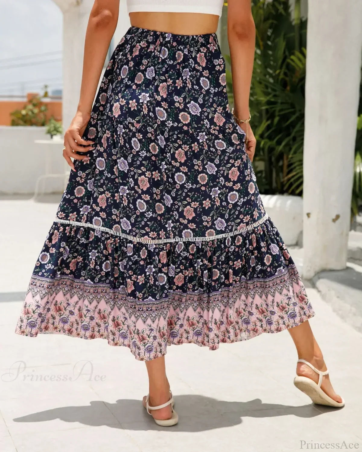 High Waist Floral Beach Skirt A-line Ruffled Lace Holiday Maxi