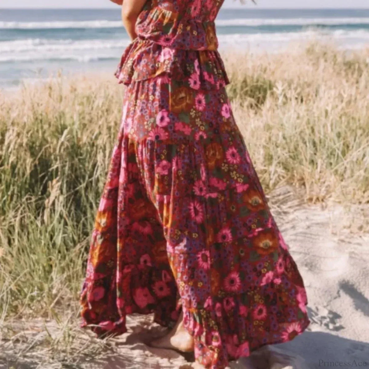 Hippie Fashion Women Beach Bohemian Red Floral A-Line Boho Skirt