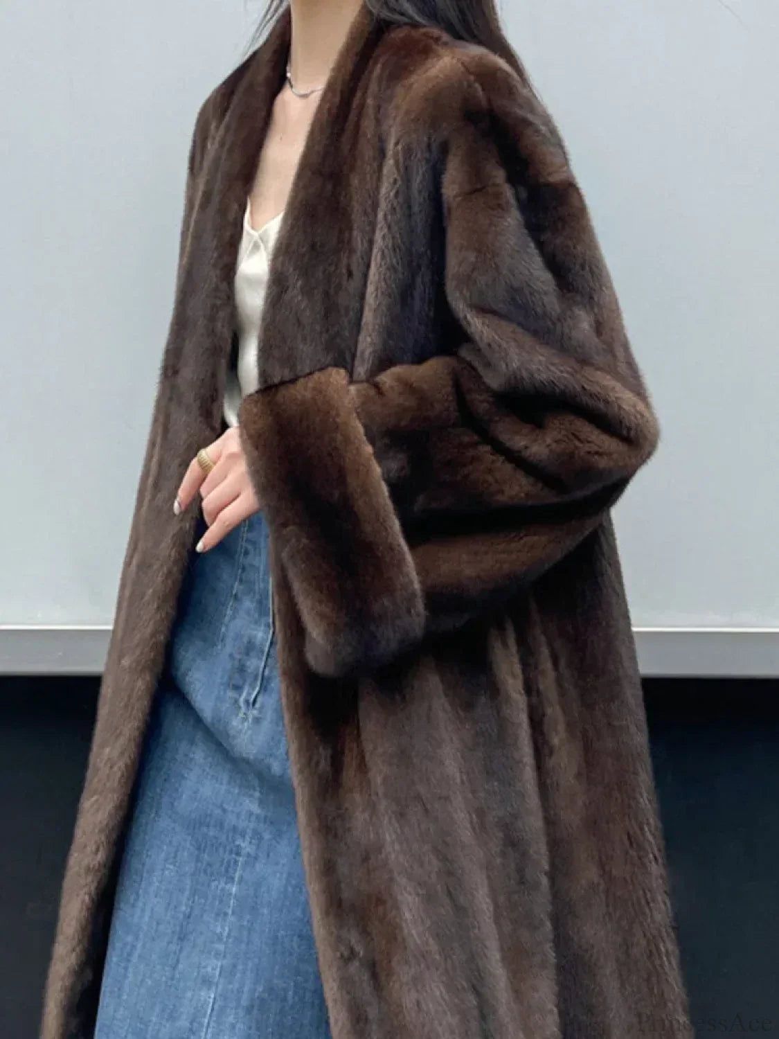 Imitation Mink Lapel Full Sleeve Overcoat