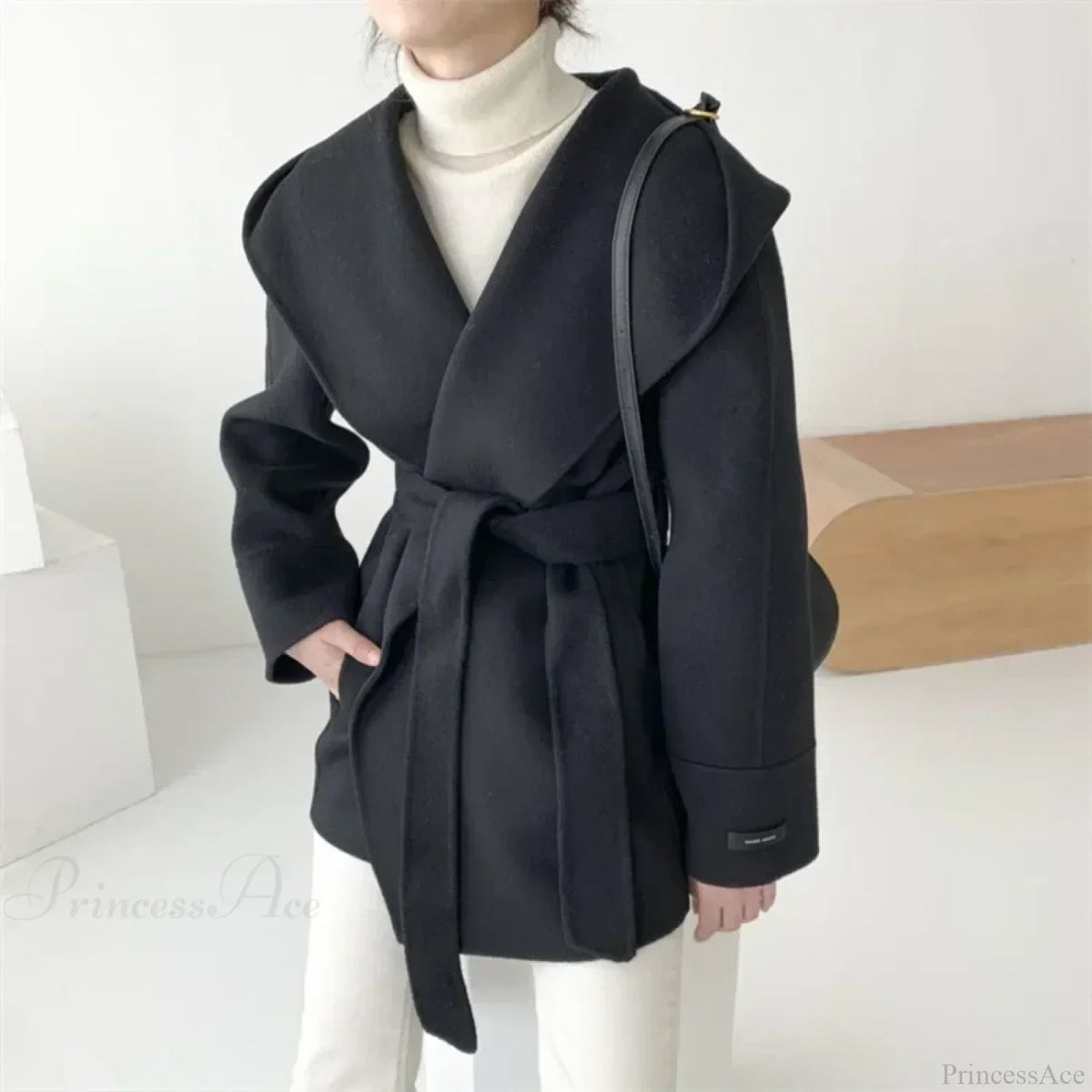 Lace-Up Woolen Hooded Jacket Overcoat