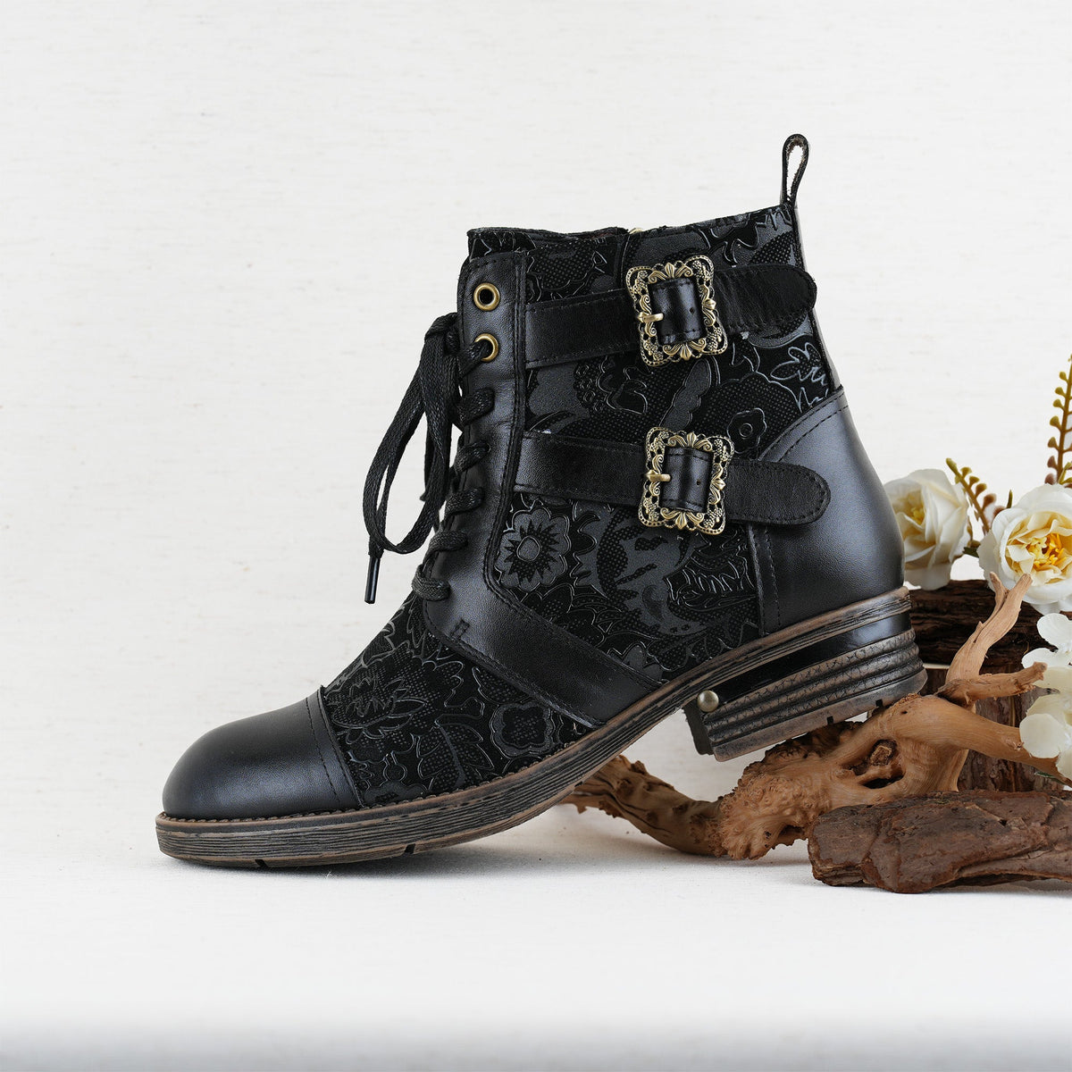 Timeless Grace Floral Lace-Up Flat Ankle Boots