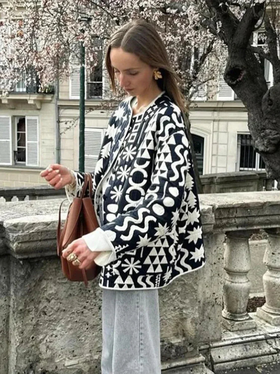 Print Cotton Single-Breasted O-neck Overcoat