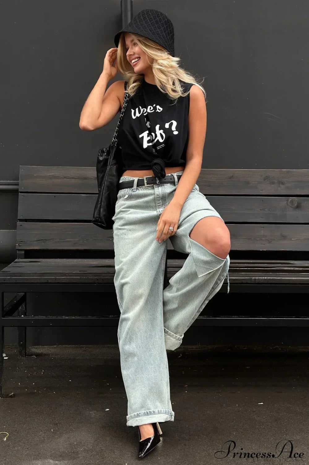 Retro Distressed Wide Leg Straight Floor Length Jeans