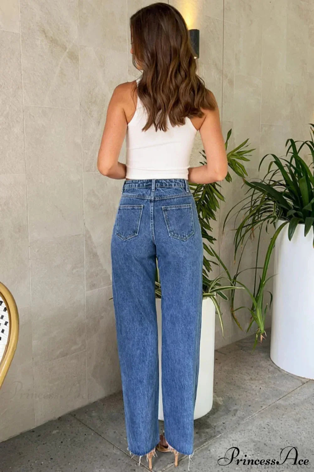 Slanted Waist Crisscross Beaded Frayed Straight Leg Jeans