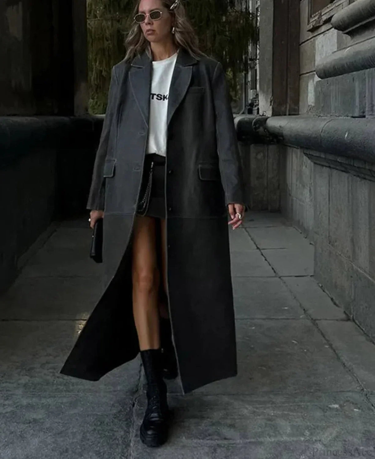 Solid Leather Lapel Single-Breasted Overcoat