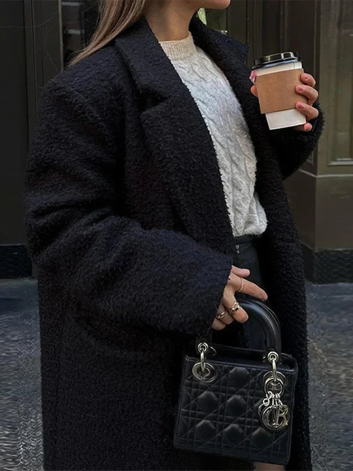 Vintage Black Woolen Double-Breasted Overcoat