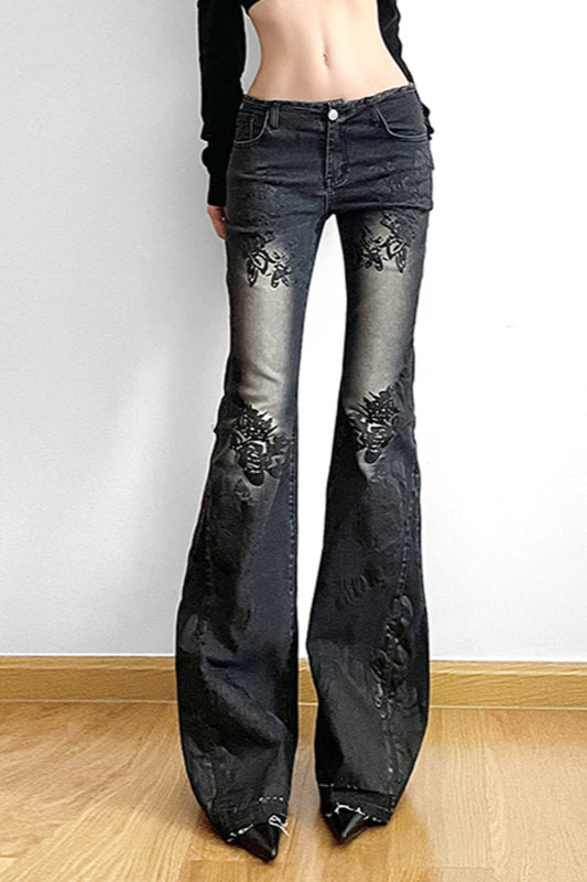 Vintage Plant Print Flared Jeans