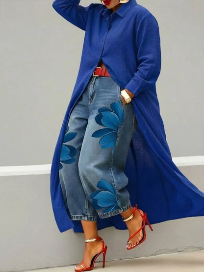 Analie - Shirt Dress and Floral Jeans Set