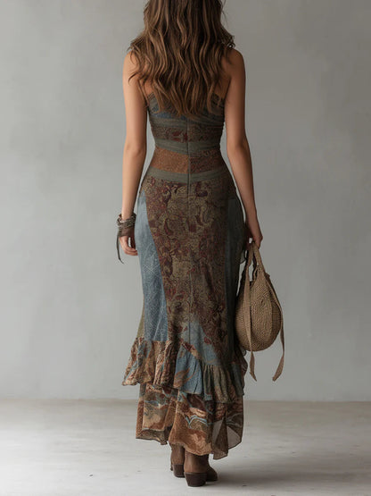 Elena - Asymmetrical Long One-Shoulder Dress with Ethnic Print and High Slit
