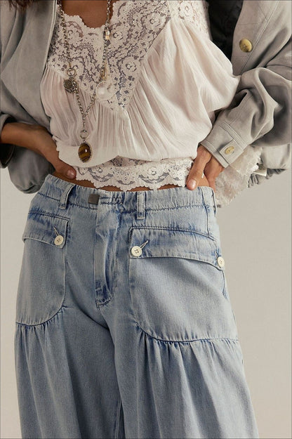Ruched Mid Rise Wide Leg Jeans
