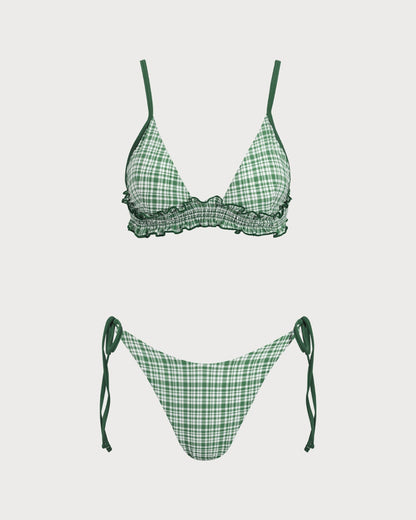 Green Checkered Bikini Set with Drawstring