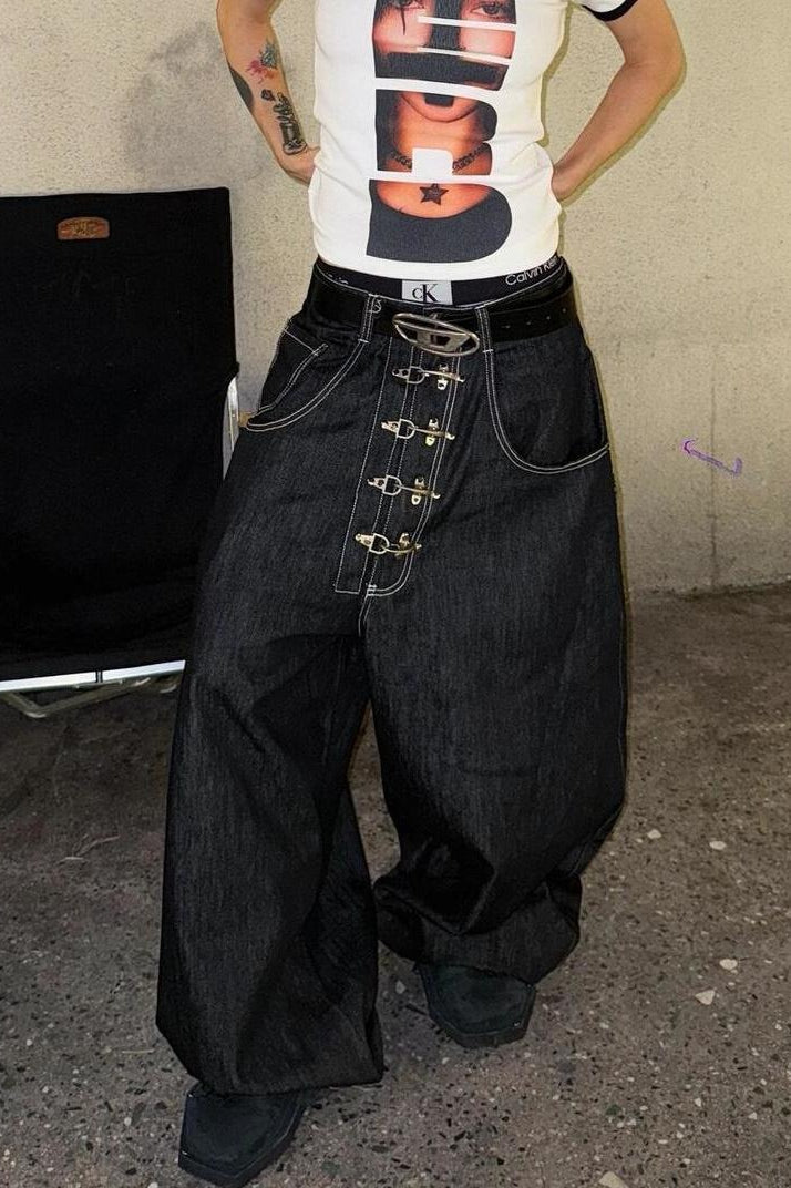 Washed Button Fly Wide Leg Jeans