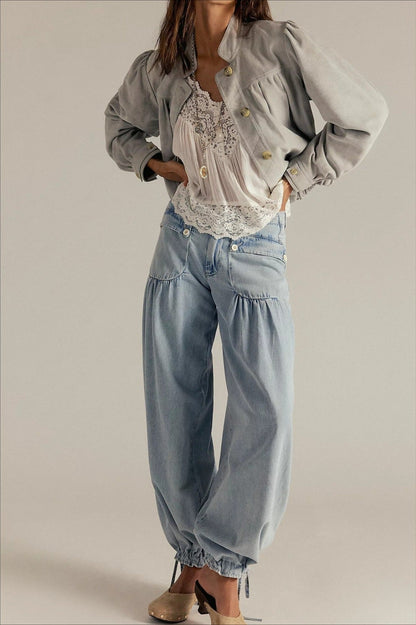 Ruched Mid Rise Wide Leg Jeans