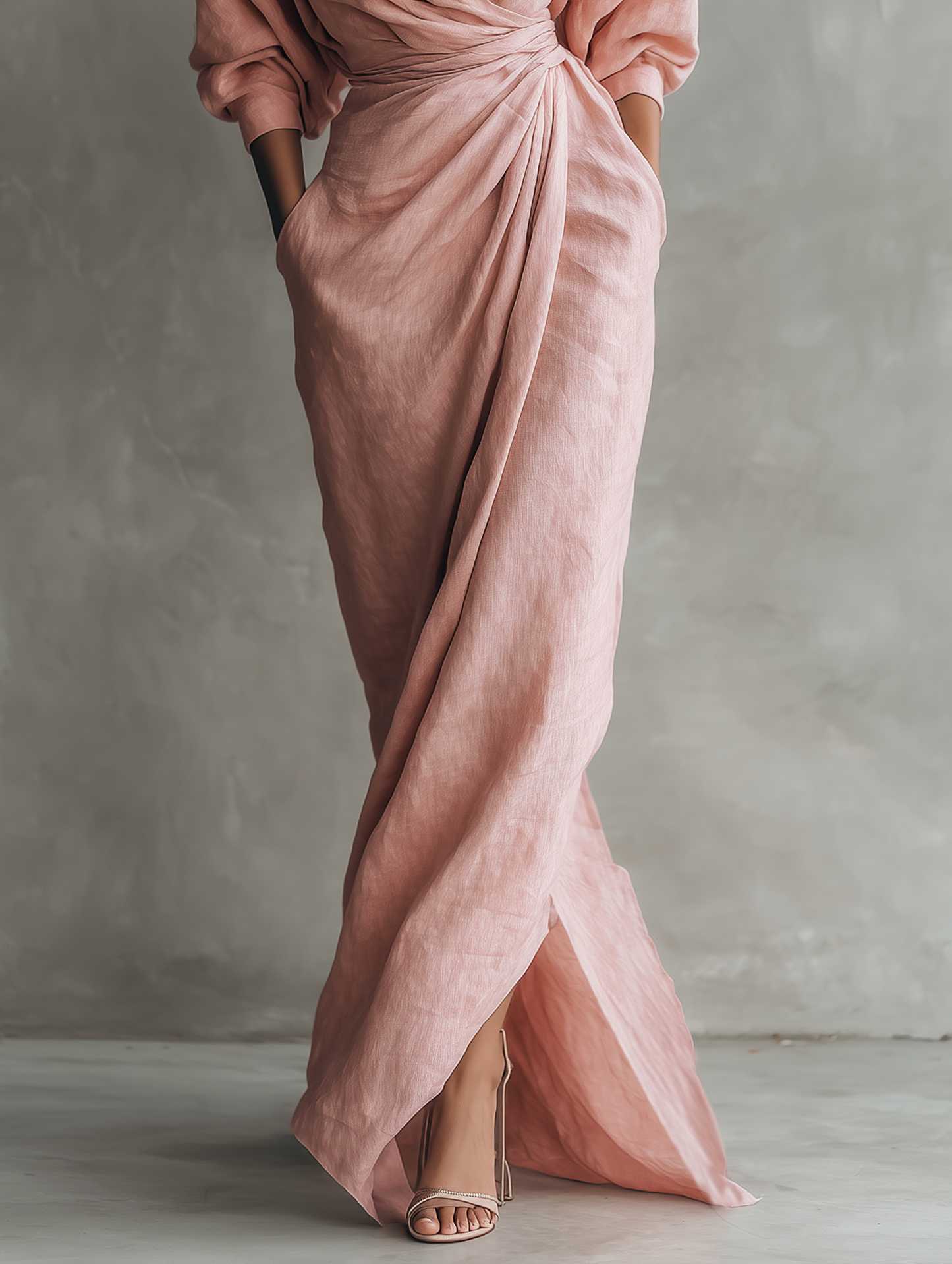 Pink Minimalist Maxi Dress with V-Neck in Mixed Linen for Women