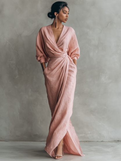 Pink Minimalist Maxi Dress with V-Neck in Mixed Linen for Women
