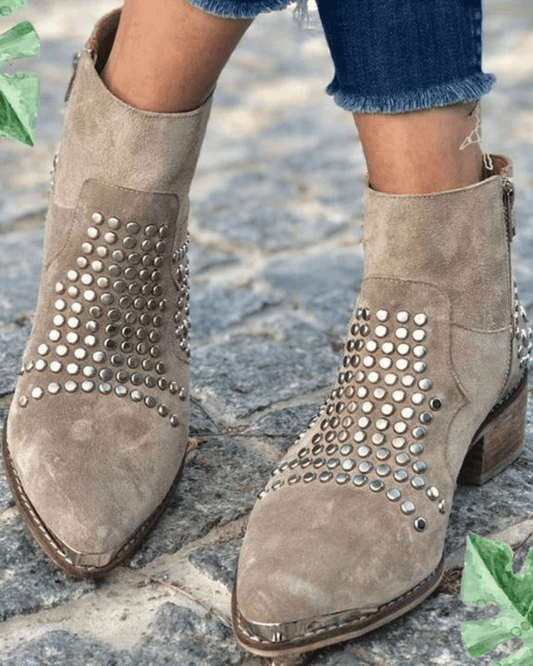 Studded Suede Boots with Pointed Toe and Chunky Heel for Women | Luna Cruz