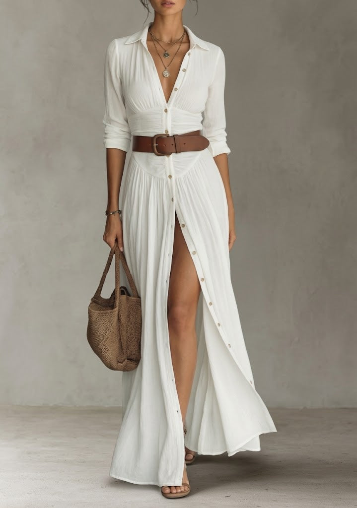 Maxi dress - long women's dress with a lapel collar and long linen sleeves
