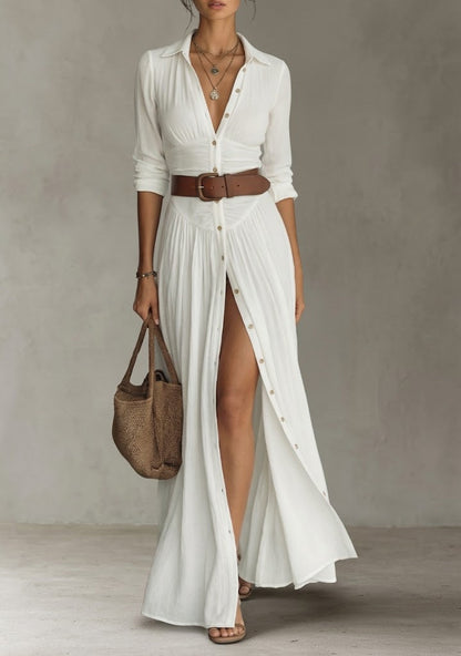 Maxi dress - long women's dress with a lapel collar and long linen sleeves
