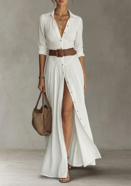 Maxi dress - long women's dress with a lapel collar and long linen sleeves