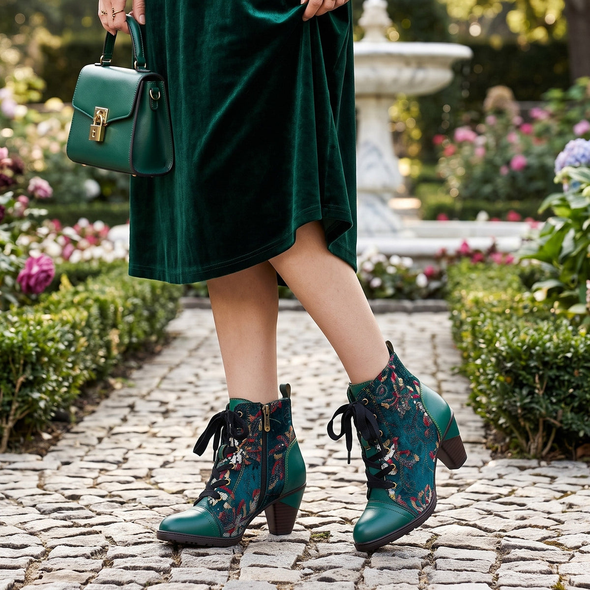 Floral Velvet Lace-Up Leather Trim Ankle Boots
