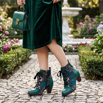 Floral Velvet Lace-Up Leather Trim Ankle Boots