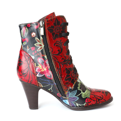 Leather Hand Embossed Adjustable High Heel Boots