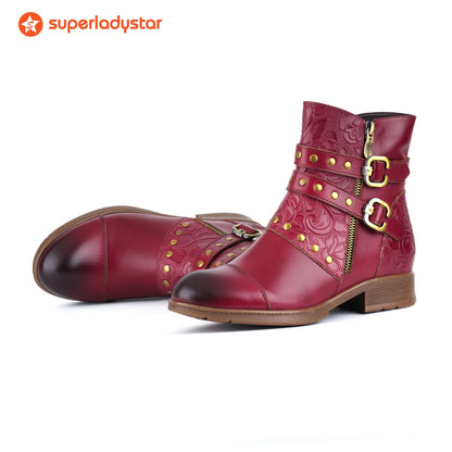 Embossed Buckle Strap Ankle Boots