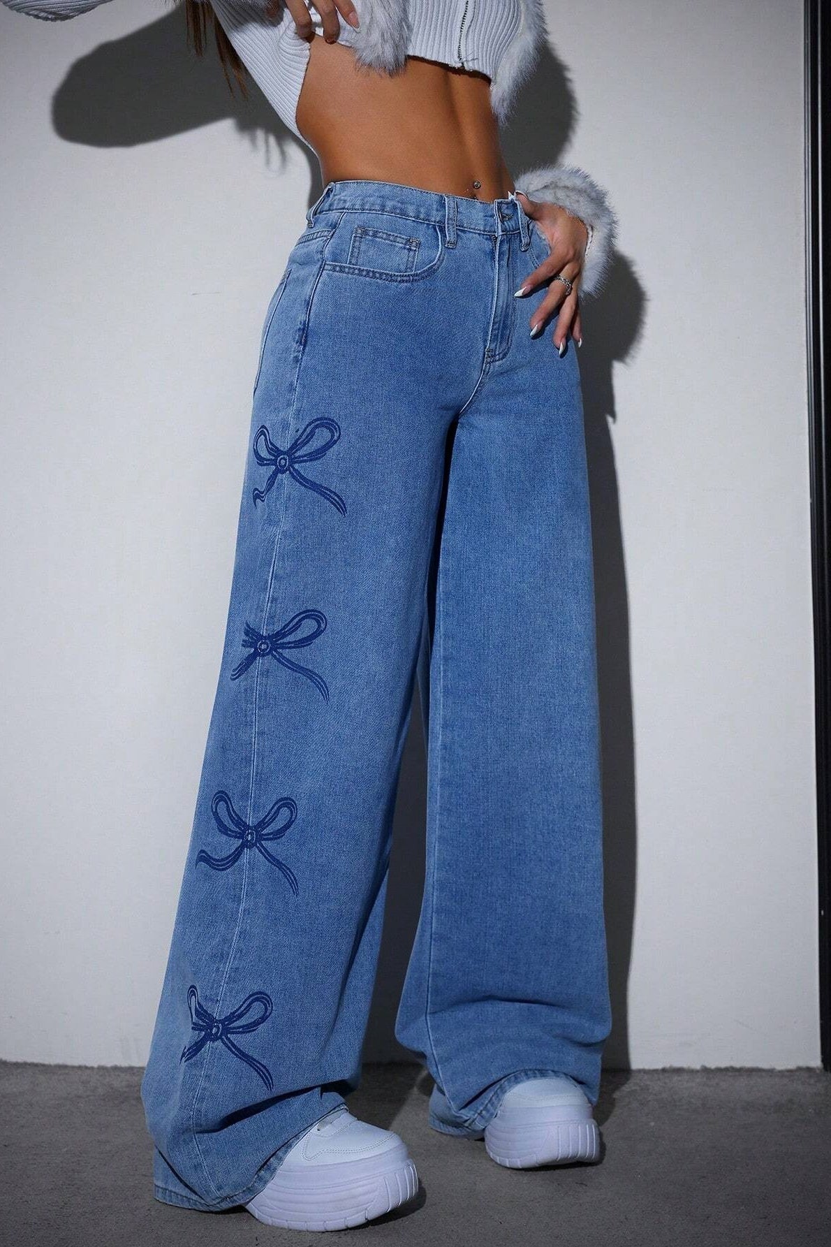 High Waist Washed Bow Tie Jeans