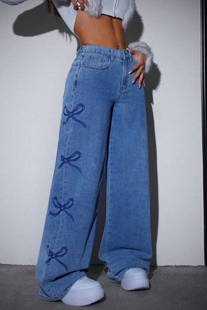 High Waist Washed Bow Tie Jeans