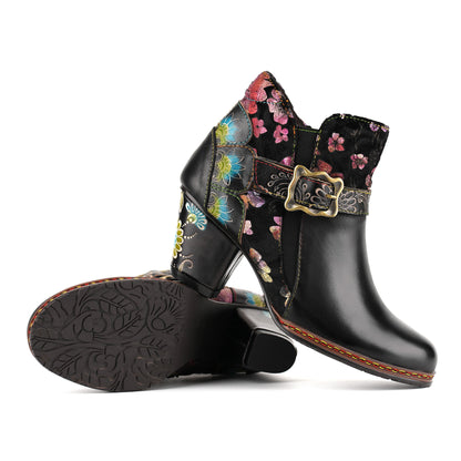 Vintage Handmade Floral Buckle Strap Ankle Boots