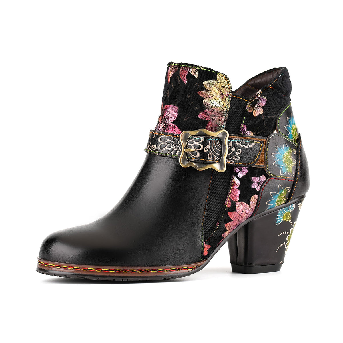 Vintage Handmade Floral Buckle Strap Ankle Boots