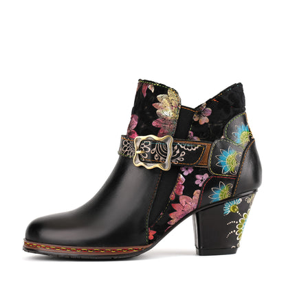 Vintage Handmade Floral Buckle Strap Ankle Boots