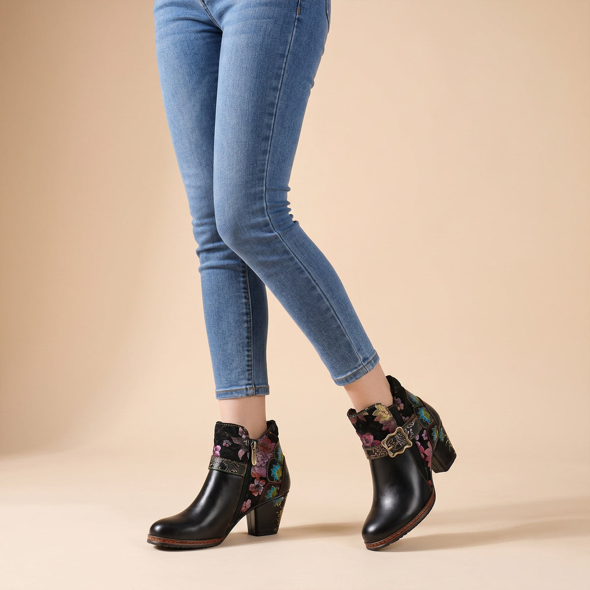 Vintage Handmade Floral Buckle Strap Ankle Boots