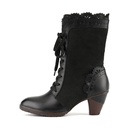 Victorian Scalloped Leather Trim Mid-Calf Boots