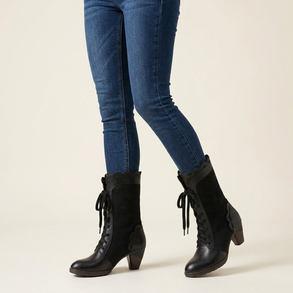 Victorian Scalloped Leather Trim Mid-Calf Boots