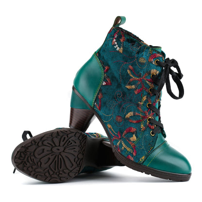 Floral Velvet Lace-Up Leather Trim Ankle Boots