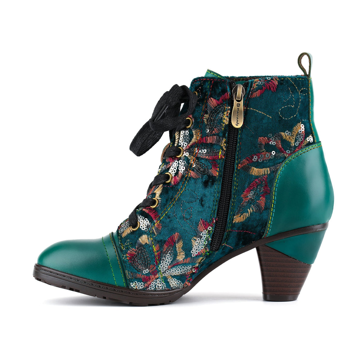 Floral Velvet Lace-Up Leather Trim Ankle Boots