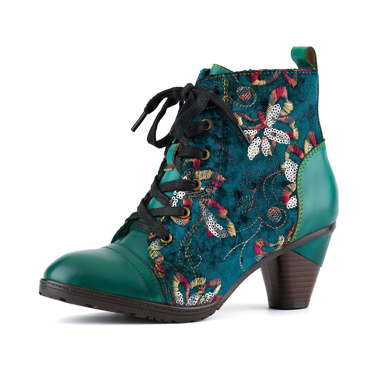 Floral Velvet Lace-Up Leather Trim Ankle Boots