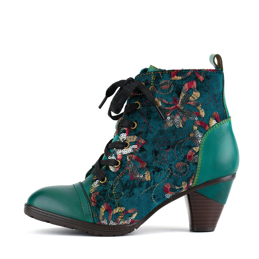 Floral Velvet Lace-Up Leather Trim Ankle Boots
