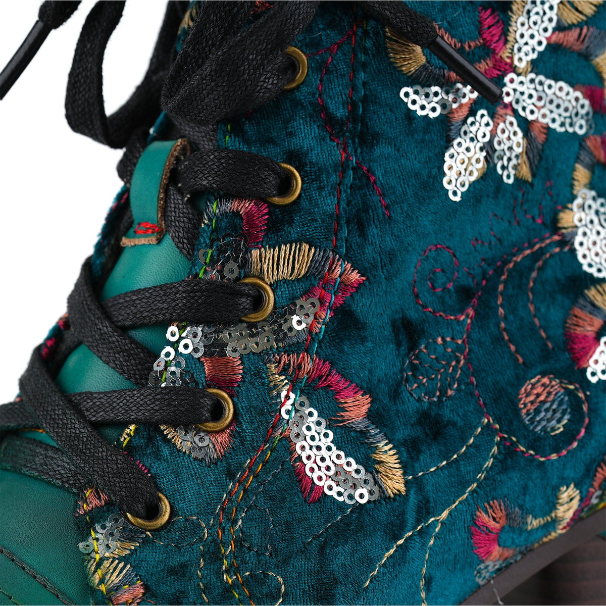 Floral Velvet Lace-Up Leather Trim Ankle Boots