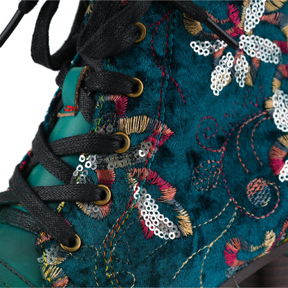 Floral Velvet Lace-Up Leather Trim Ankle Boots