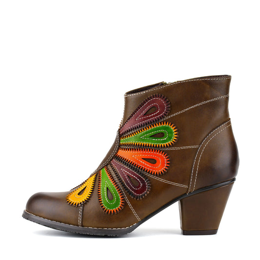 Retro Multicolor Peacock Feather Design Ankle Boots