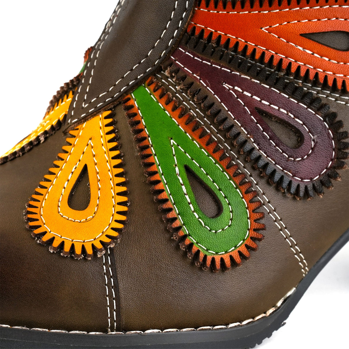 Retro Multicolor Peacock Feather Design Ankle Boots