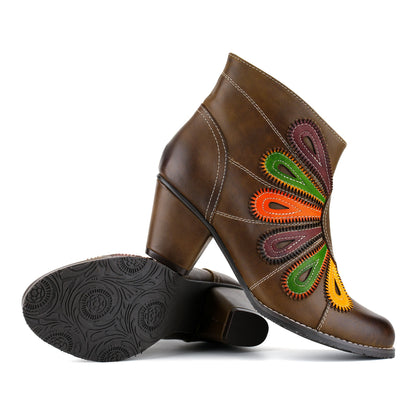 Retro Multicolor Peacock Feather Design Ankle Boots
