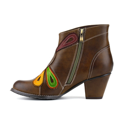 Retro Multicolor Peacock Feather Design Ankle Boots